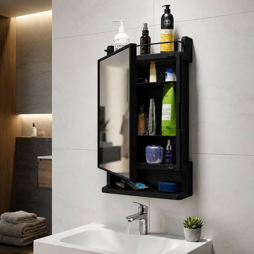 Black Plastic Bathroom Mirror With Cabinet Storage Organiser