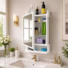 White Plastic Bathroom Mirror With Cabinet Storage Organiser